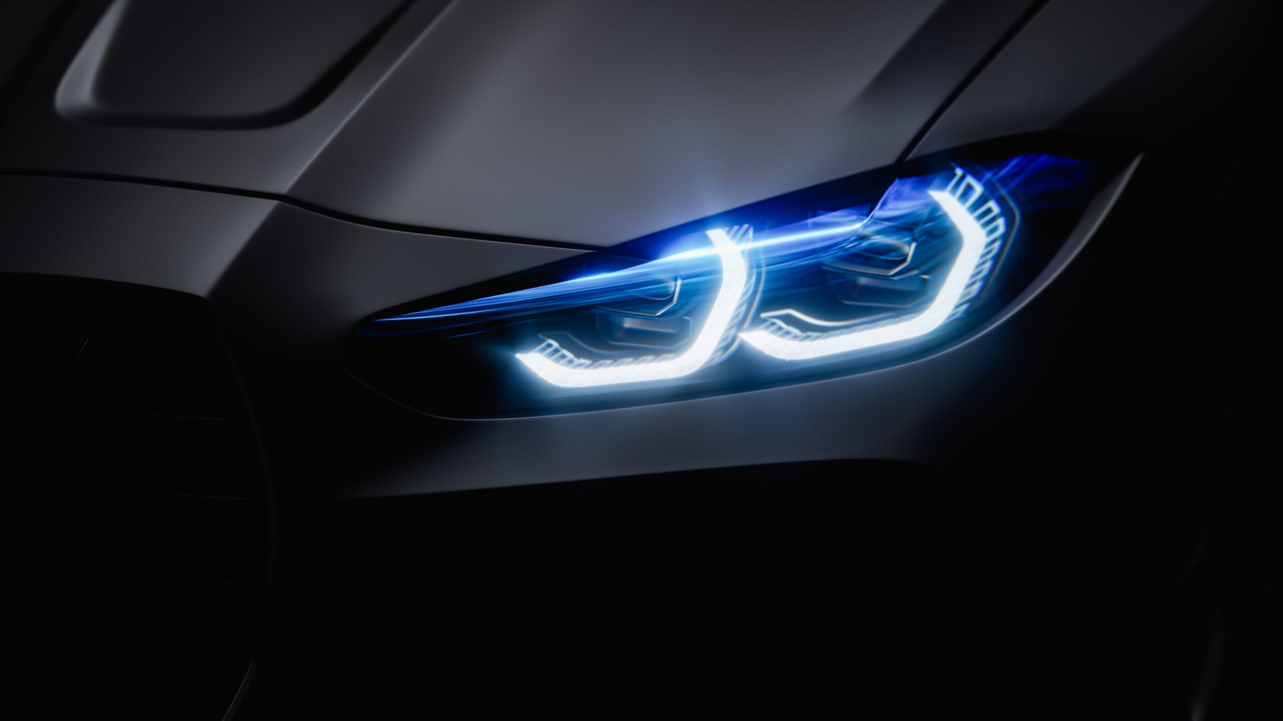 BMW M4 headlight detail in a dark CGI studio render