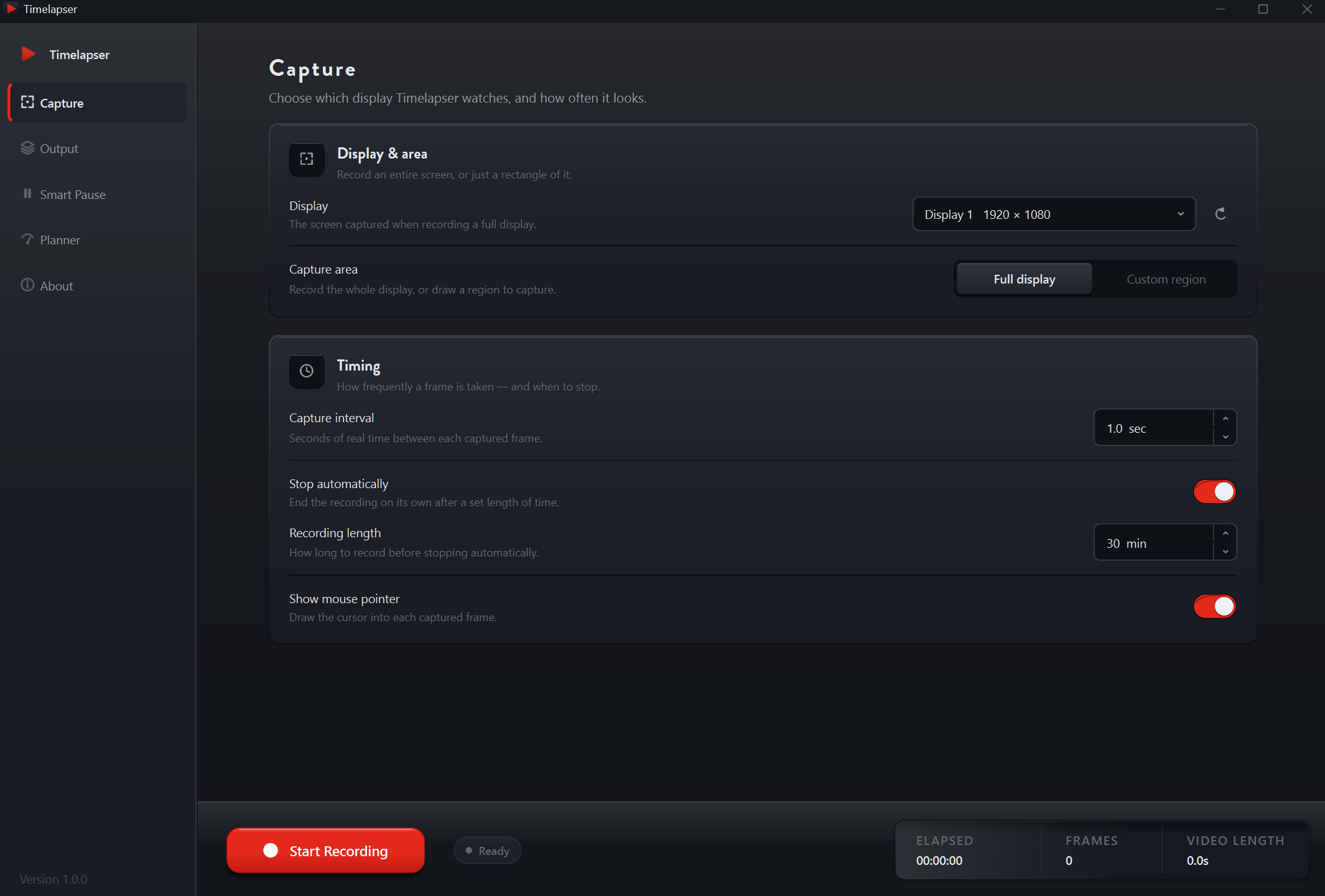 Timelapser's Capture screen with a recording interval and screen capture settings.